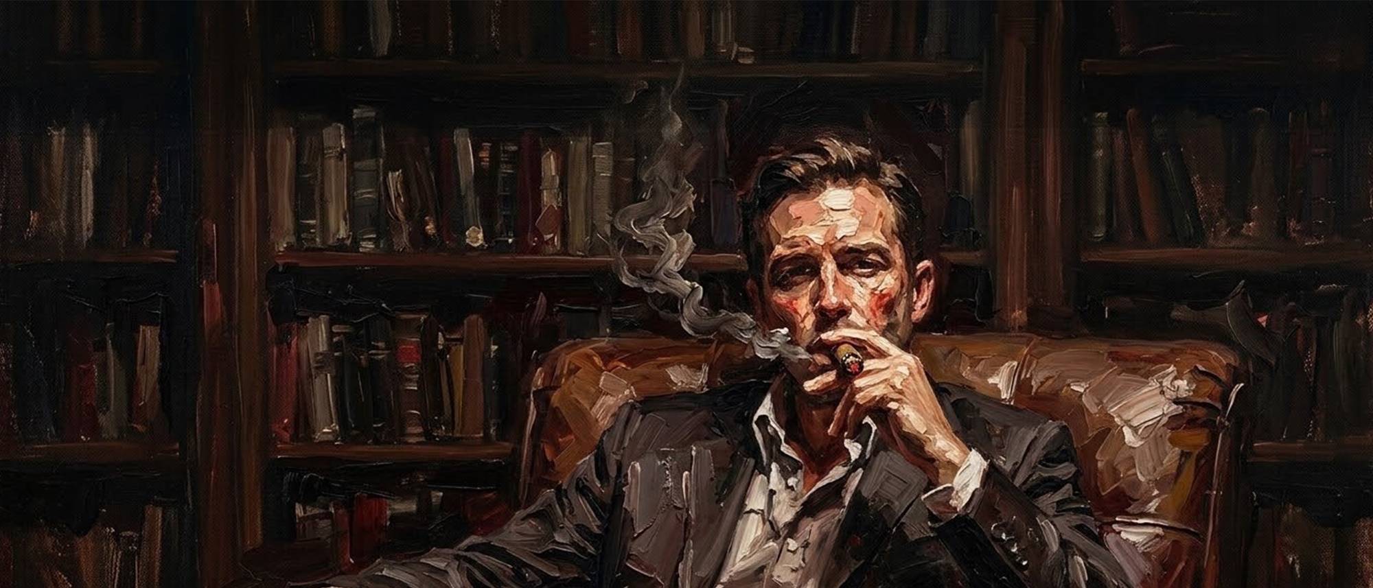 A painting of a man in a leather armchair, smoking a cigar in front of shelves of books