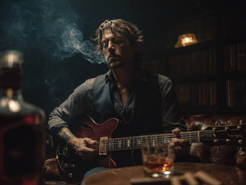 A man with his eyes closed plays an electric guitar in a dim, smoky room, a glass of whisky on the table in front of him