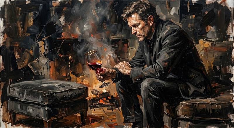 A painting of a man in a dark suit seated by a fire, holding a glass of red wine and looking down at it